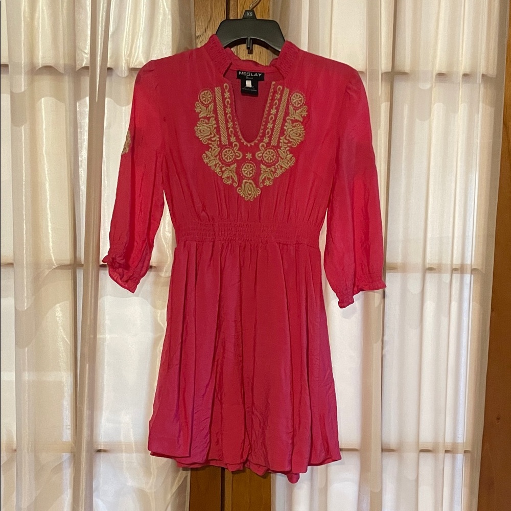 Neslay Pink Dress with Gold Embroidery